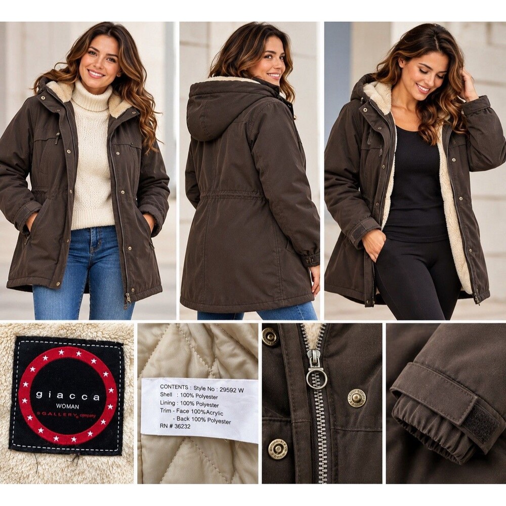 Giacca Gallery Company Brown Faux Fur Lined Hooded Parka Jacket Womens XL